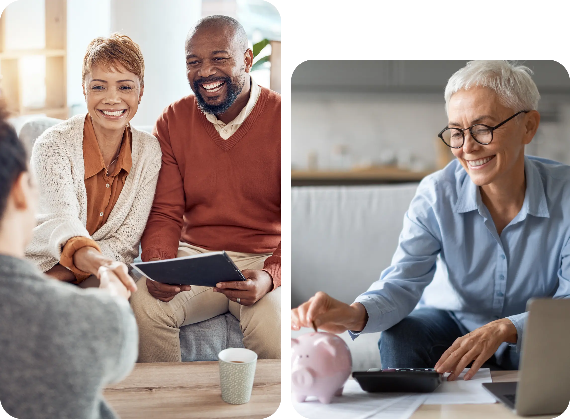 Couple meeting advisor; woman managing finances.